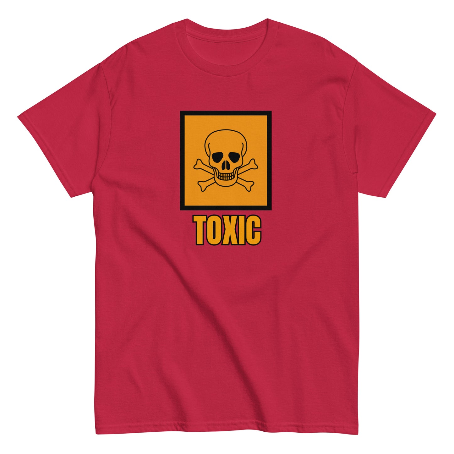 The FunnyDripStore Toxic T-Shirt features a bold yellow square with a black skull and crossbones above TOXIC in yellow on the front. This black meme shirt is perfect for those who love humorous clothing.