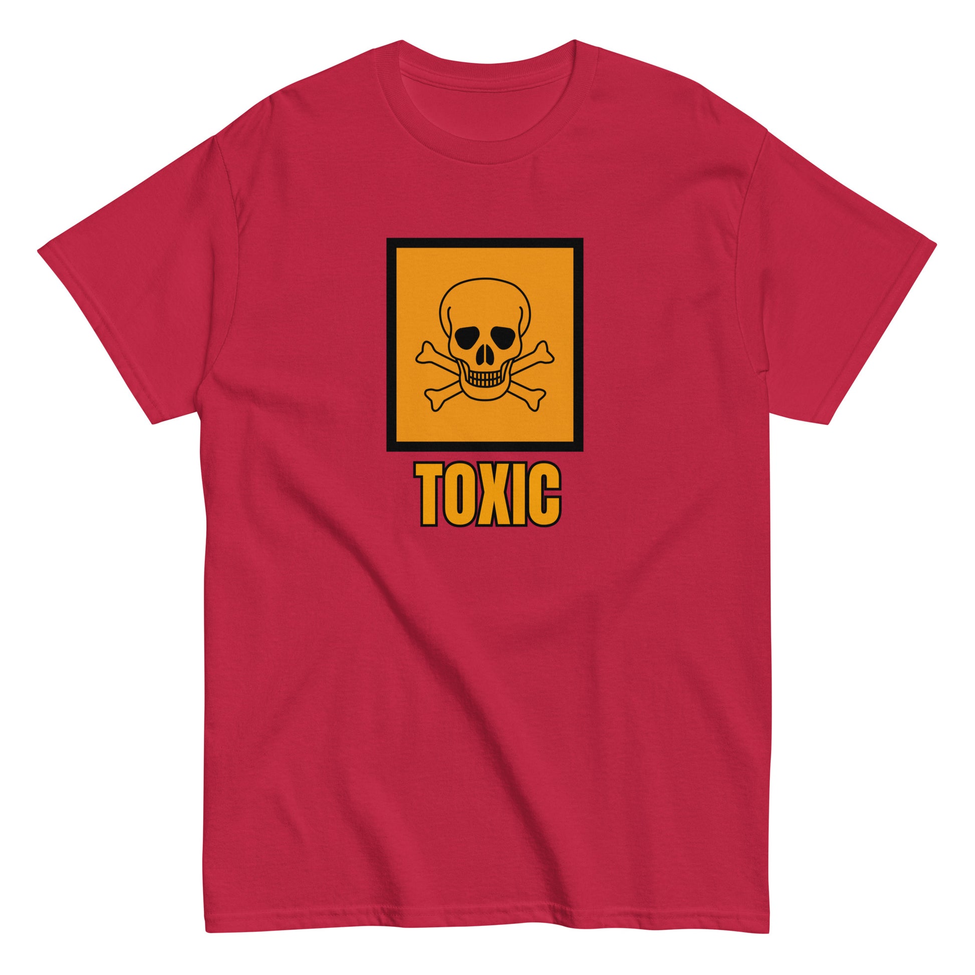 The FunnyDripStore Toxic T-Shirt features a bold yellow square with a black skull and crossbones above TOXIC in yellow on the front. This black meme shirt is perfect for those who love humorous clothing.