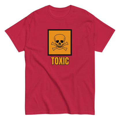 The FunnyDripStore Toxic T-Shirt features a bold yellow square with a black skull and crossbones above TOXIC in yellow on the front. This black meme shirt is perfect for those who love humorous clothing.