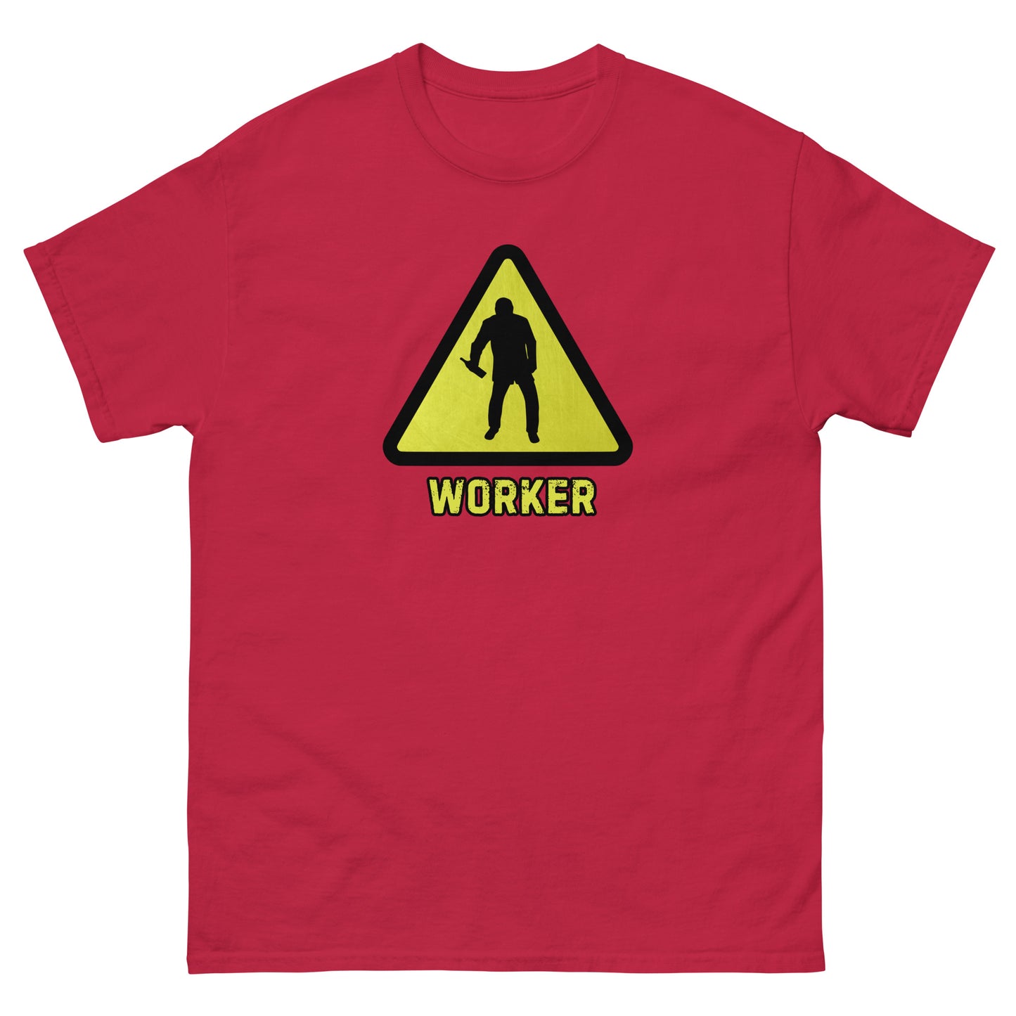 The Worker T-Shirt by FunnyDripStore features a yellow triangular warning sign with a worker silhouette and bold yellow WORKER text on black—a funny shirt for anyone who enjoys meme apparel and humorous graphic tees.
