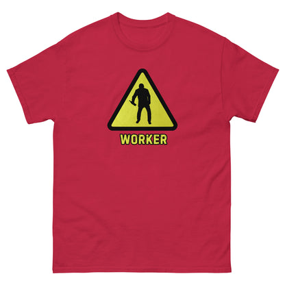 The Worker T-Shirt by FunnyDripStore features a yellow triangular warning sign with a worker silhouette and bold yellow WORKER text on black—a funny shirt for anyone who enjoys meme apparel and humorous graphic tees.