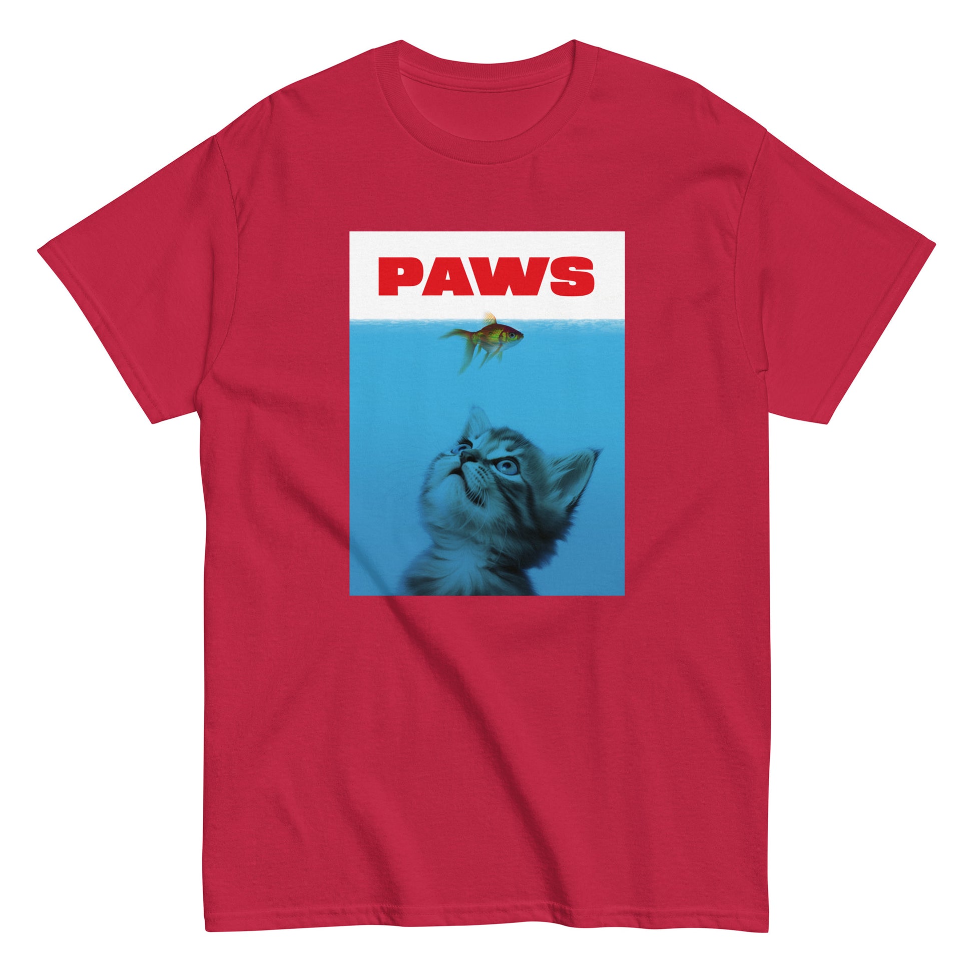 The Paws T-Shirt by FunnyDripStore features a kitten underwater eyeing a goldfish, with PAWS in bold red— a humorous meme shirt parodying the classic Jaws poster.