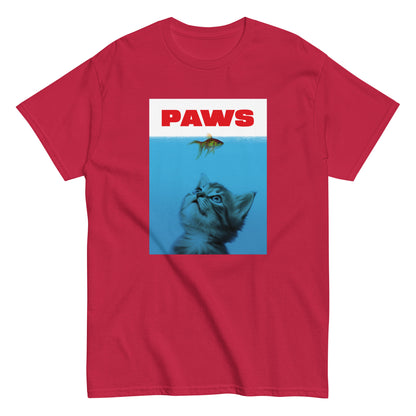 The Paws T-Shirt by FunnyDripStore features a kitten underwater eyeing a goldfish, with PAWS in bold red— a humorous meme shirt parodying the classic Jaws poster.