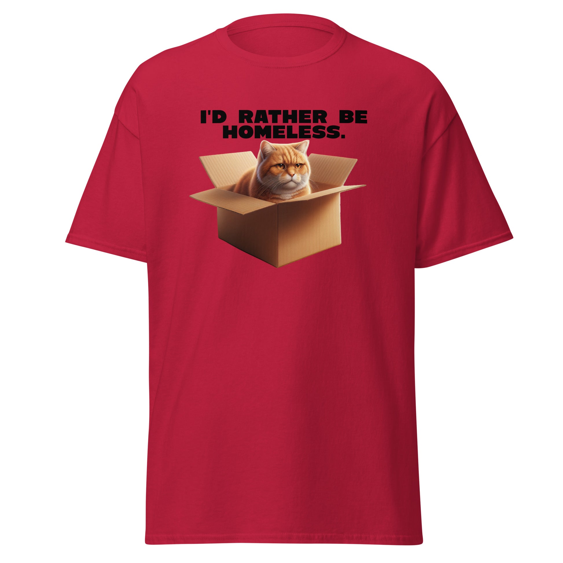 The Id Rather Be Homeless T-Shirt by FunnyDripStore features a grumpy orange cat in a box on a gold tee—perfect quirky merch for cat lovers and fans of clever text shirts.