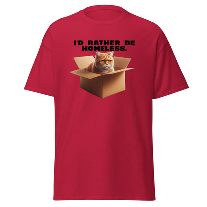 The Id Rather Be Homeless T-Shirt by FunnyDripStore features a grumpy orange cat in a box on a gold tee—perfect quirky merch for cat lovers and fans of clever text shirts.