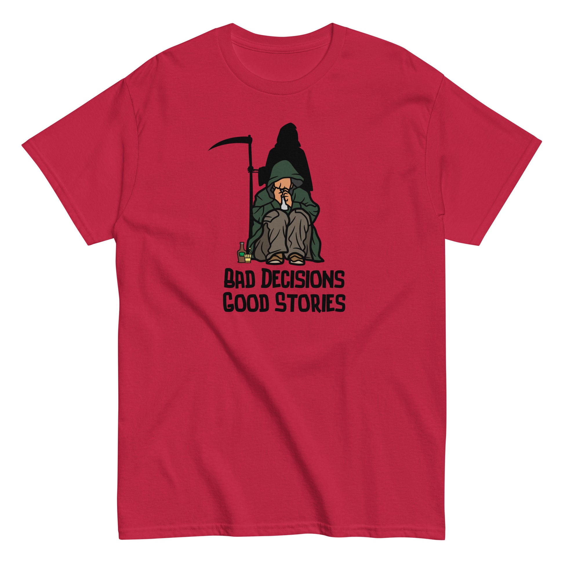 The FunnyDripStore Bad Decisions Good Stories T-Shirt is a white tee featuring a cartoon Grim Reaper with a drink and cigarette, plus bold text—perfect for fans of witty and funny style.