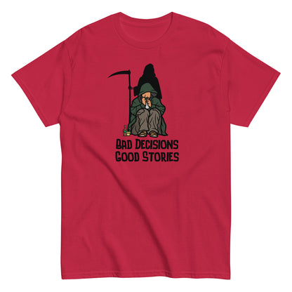 The FunnyDripStore Bad Decisions Good Stories T-Shirt is a white tee featuring a cartoon Grim Reaper with a drink and cigarette, plus bold text—perfect for fans of witty and funny style.