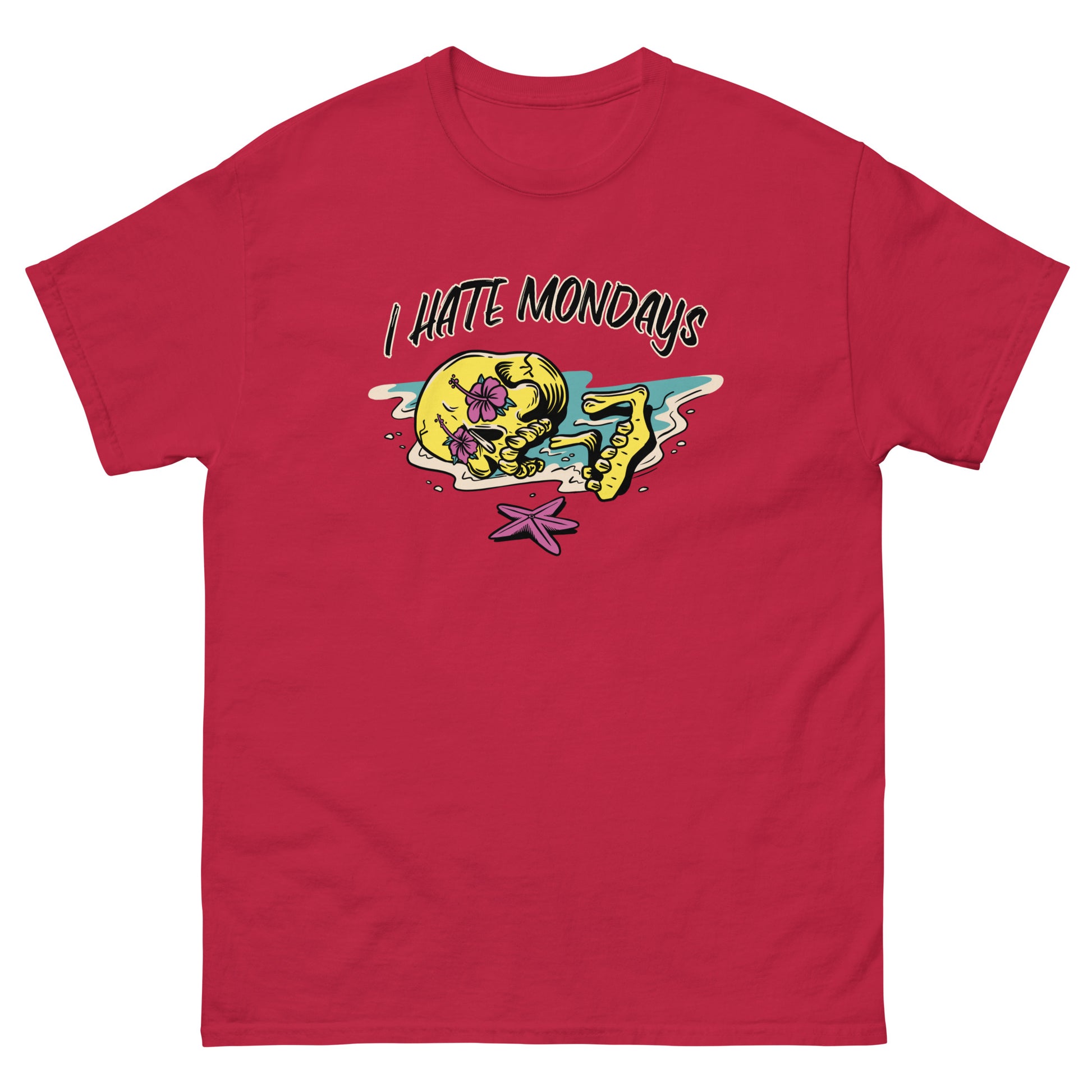 The FunnyDripStore I Hate Mondays T-Shirt in white features a cartoon skeleton lounging on the beach with sunglasses, drink, and starfish, plus bold I HATE MONDAYS text—a perfect funny merch gift.
