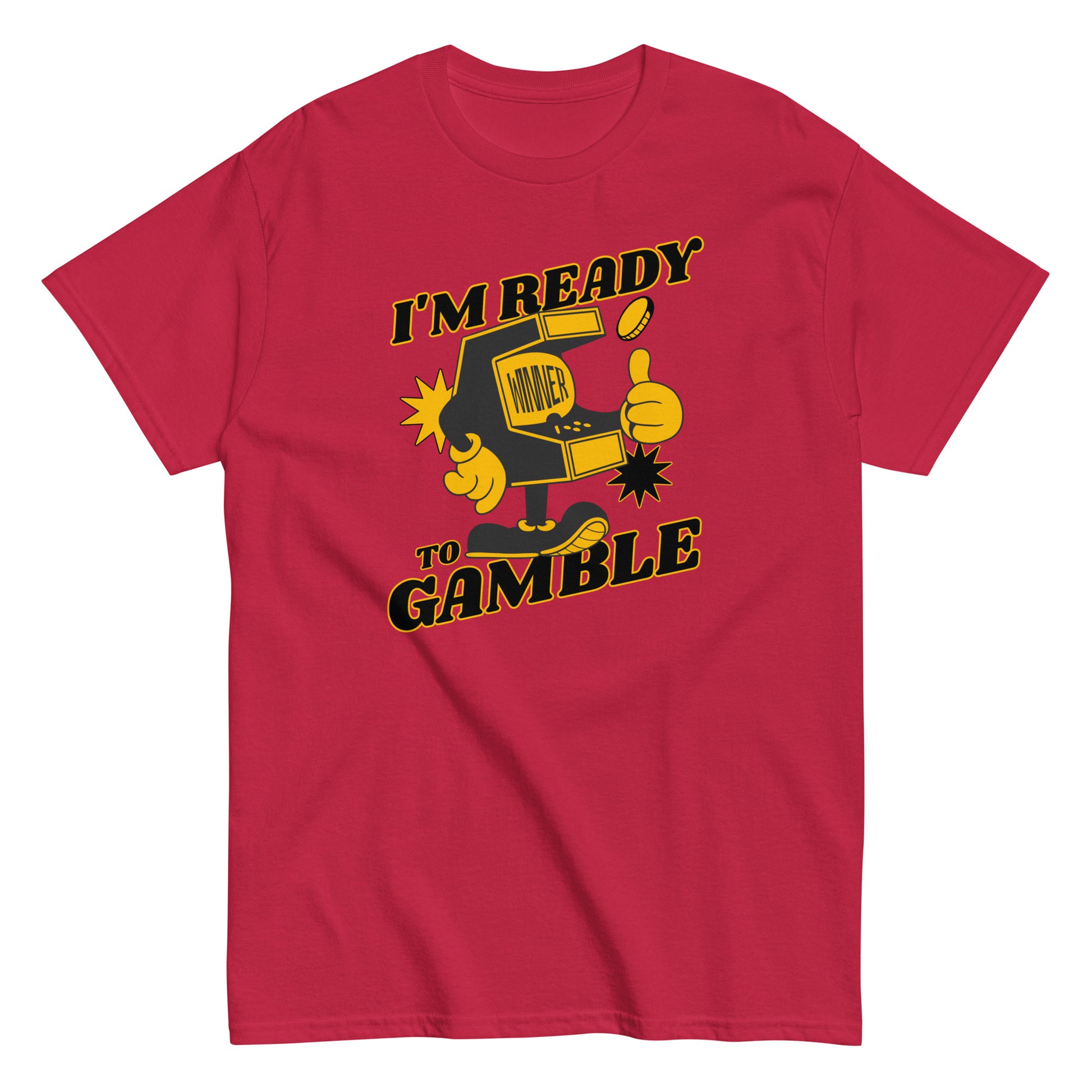 The Im Ready To Gamble T-Shirt by FunnyDripStore comes in gold and features a cartoon slot machine giving a thumbs up with coins, stars, and bold IM READY TO GAMBLE text—perfect for fans of unique and funny clothing.