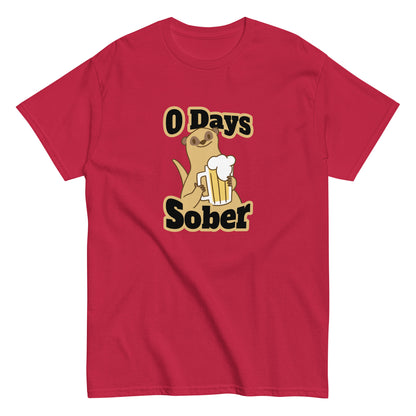 The 0 Days Sober T-Shirt by FunnyDripStore features a cartoon meerkat with a beer mug and bold 0 Days Sober text, printed on a navy shirt—ideal quirky, funny clothing for fans of humorous style.