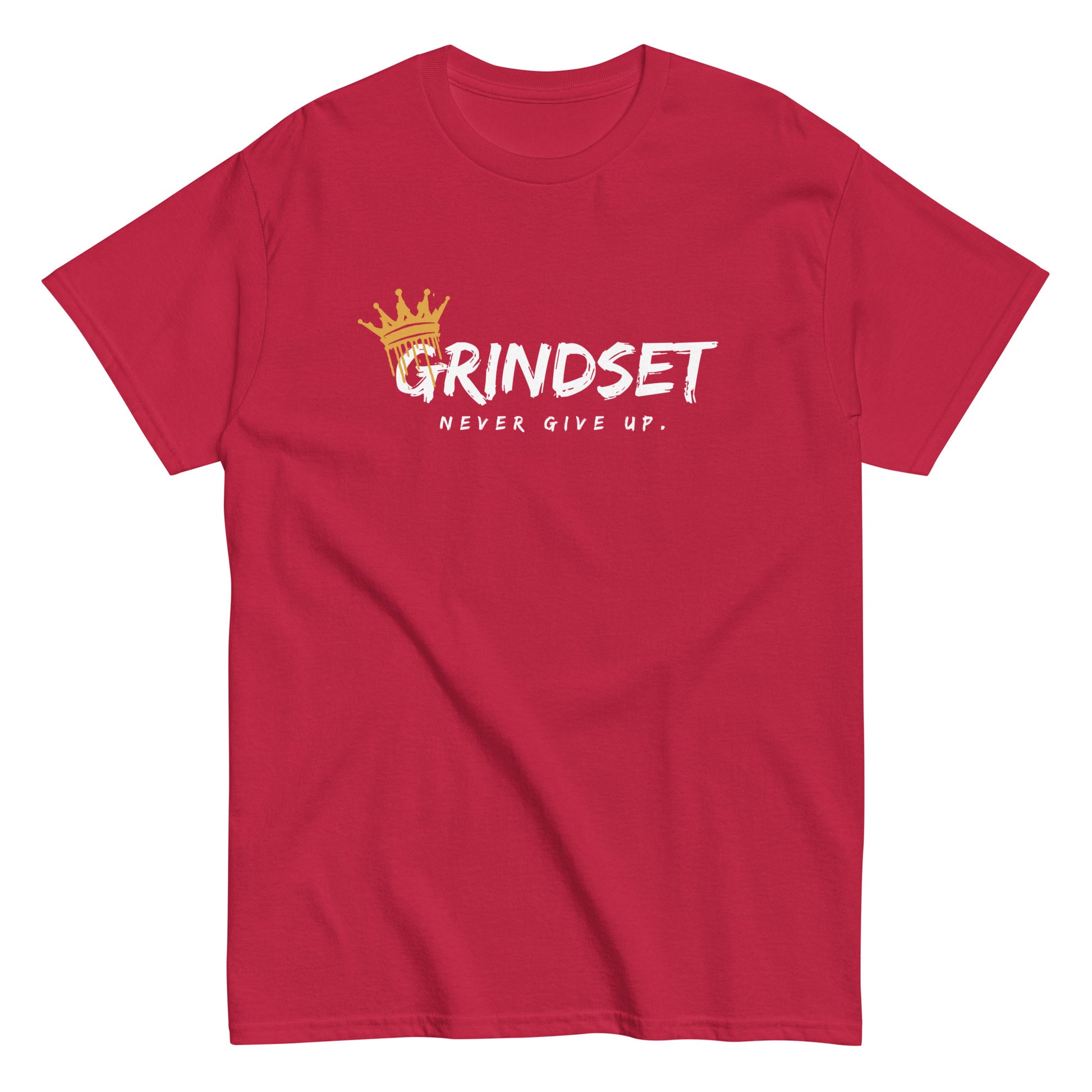 The Grindset T-Shirt by FunnyDripStore is a purple tee featuring GRINDSET in bold white letters with a gold crown over the G, and NEVER GIVE UP. below—ideal for fans of clever text shirts.