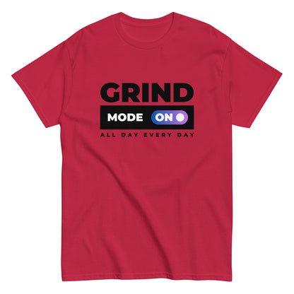 The Grind Mode On T-Shirt by FunnyDripStore features bold black GRIND MODE text with a purple ON switch icon on white. Below, ALL DAY EVERY DAY appears in smaller black text—a fun pick for nonstop hustlers.