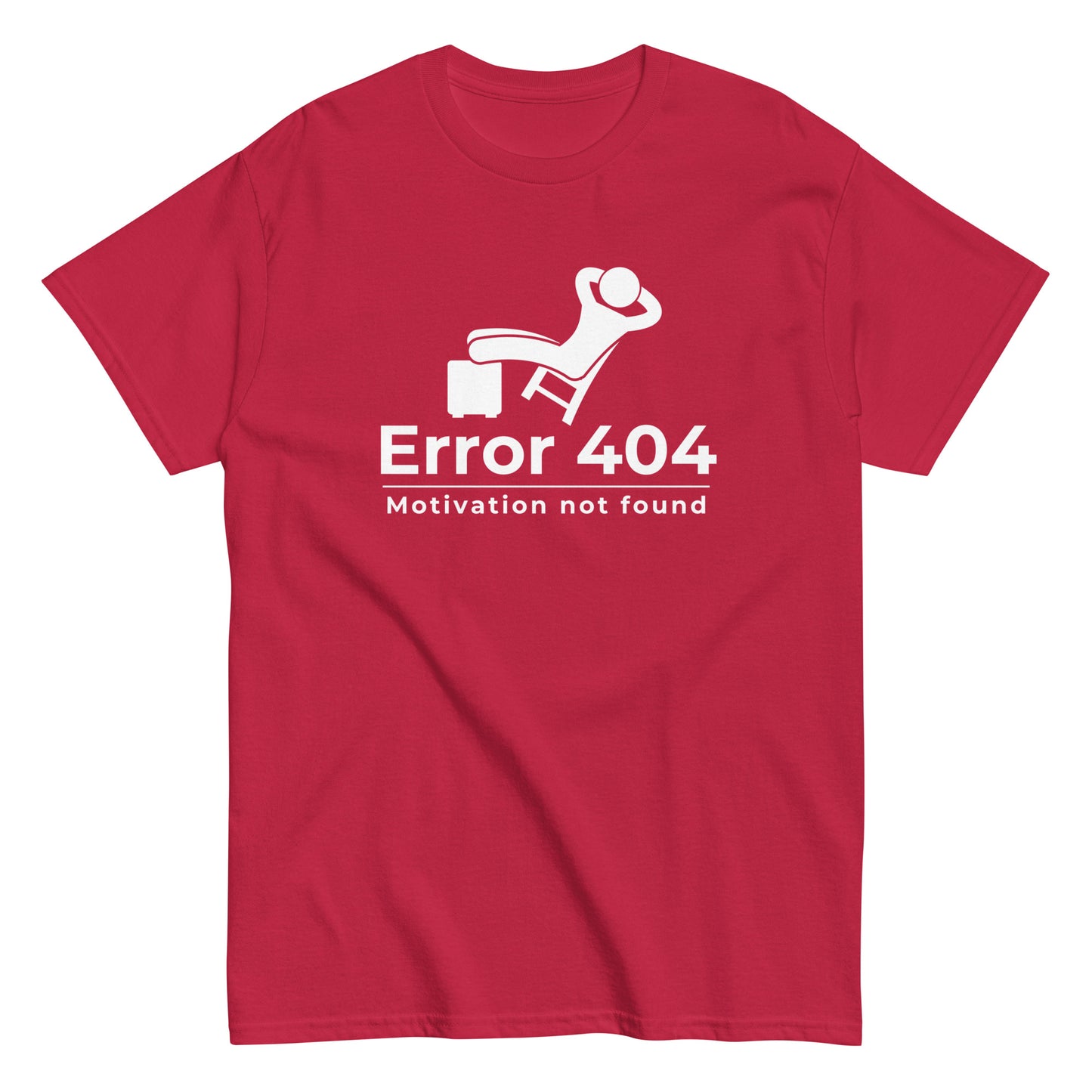 The FunnyDripStore Error 404 T-Shirt in black features a graphic of a relaxed person and the “Motivation not found” caption—perfect for showing off your laid-back mood with humor.
