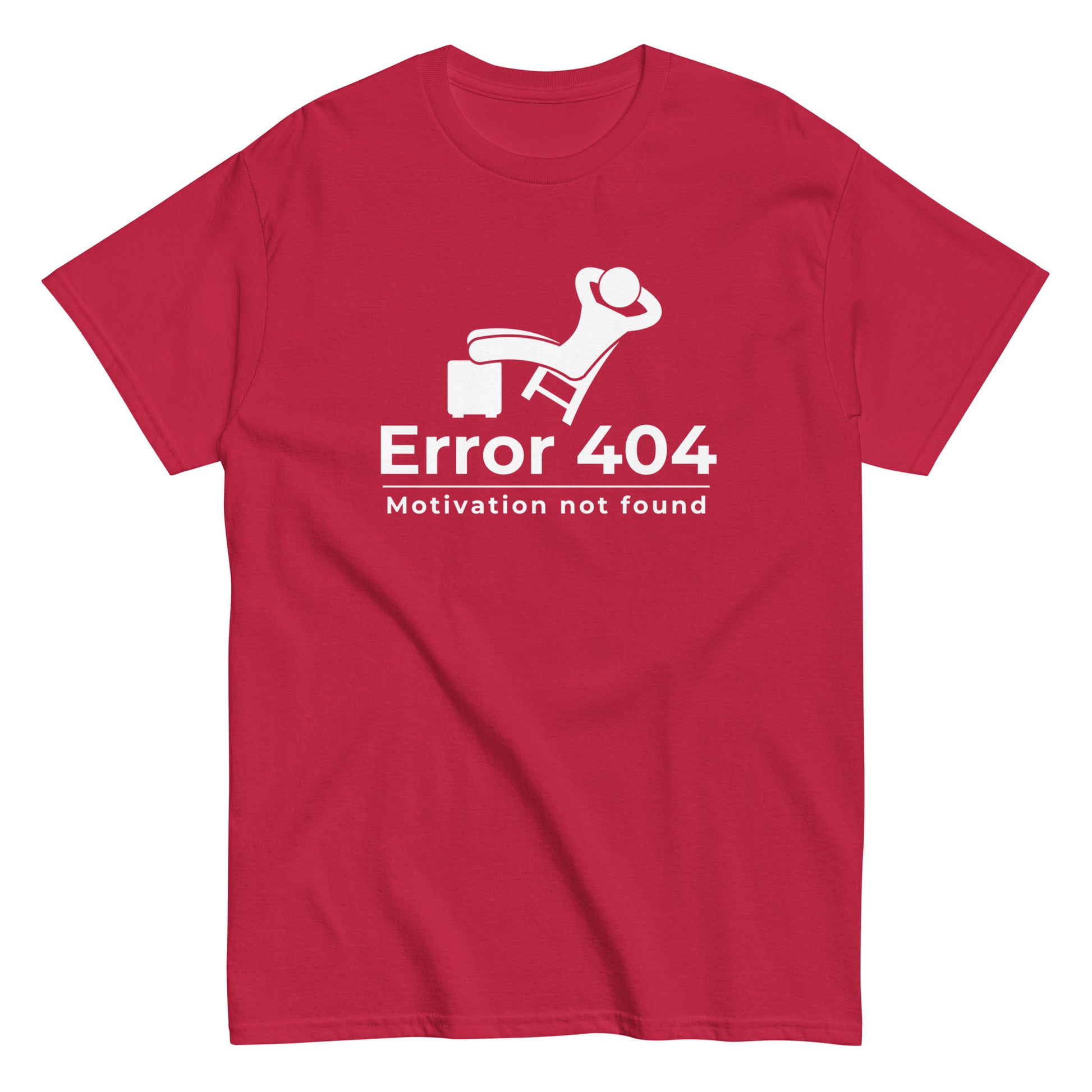 The FunnyDripStore Error 404 T-Shirt in black features a graphic of a relaxed person and the “Motivation not found” caption—perfect for showing off your laid-back mood with humor.