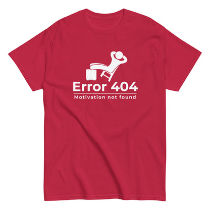 The FunnyDripStore Error 404 T-Shirt in black features a graphic of a relaxed person and the “Motivation not found” caption—perfect for showing off your laid-back mood with humor.