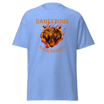 The Dangerous When Hungry T-Shirt by FunnyDripStore features a bold tiger head with flames and yellow-orange text reading DANGEROUS above and WHEN HUNGRY below—perfect for anyone who loves funny, eye-catching style.