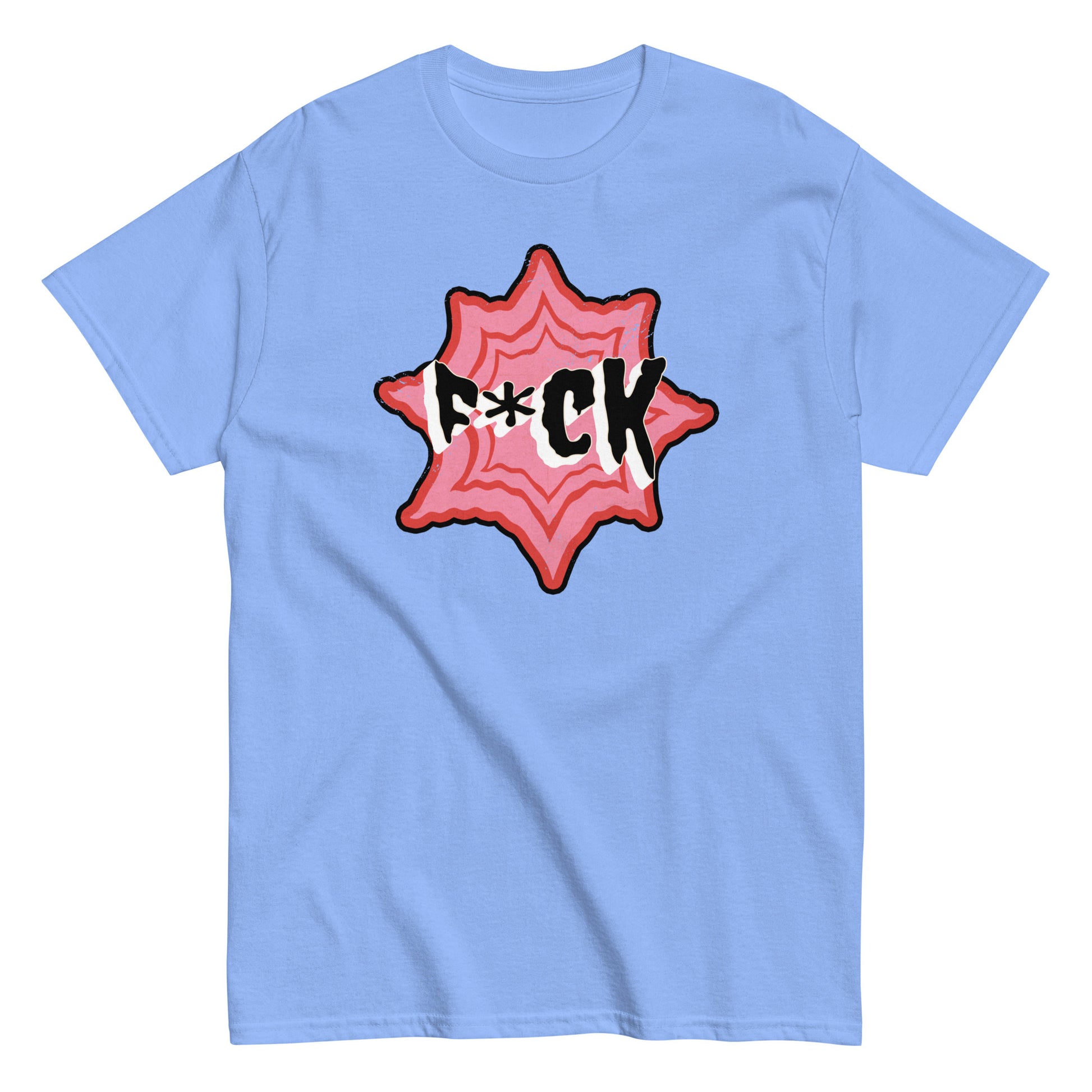 The F*ck T-Shirt by FunnyDripStore is a black tee with F*CK in bold black and white letters, a red asterisk as the U, all centered in a jagged red and pink starburst—a standout funny merch item.