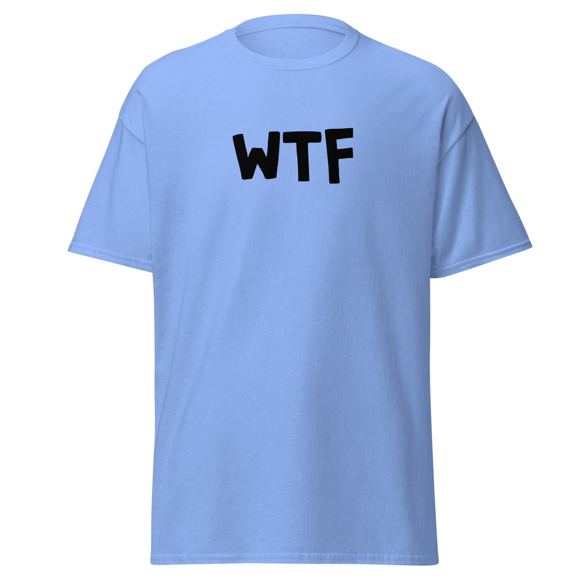 The WTF T-Shirt by FunnyDripStore is a black meme tee with bold, white, cartoon-style WTF lettering—ideal for anyone who loves wearing a funny t-shirt with attitude.