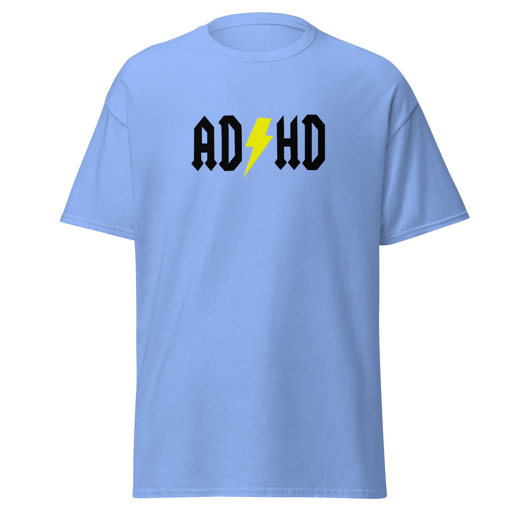 The ADHD T-Shirt by FunnyDripStore features ADHD in bold white letters with a yellow lightning bolt as the second H, styled like the AC/DC logo—a great gift for anyone who loves funny graphic tees.