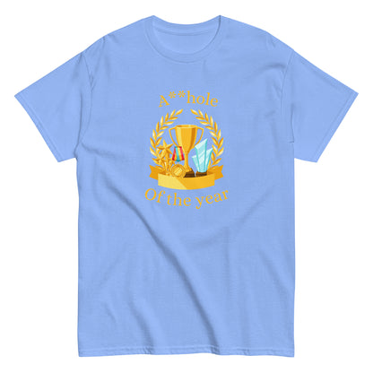 The A**hole Of The Year T-Shirt by FunnyDripStore features a black design with a gold trophy, medals, laurel wreath graphic, and bold yellow text. Perfect funny merch for anyone who loves standout humor.