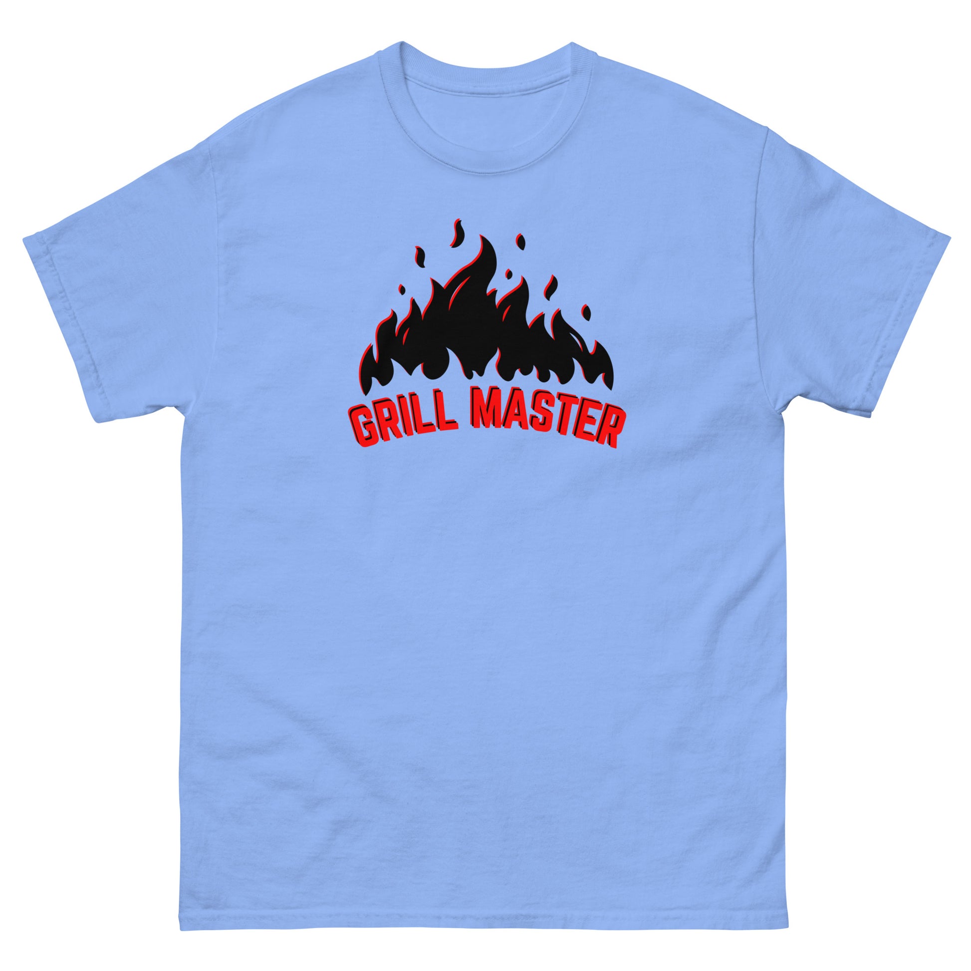 The Grill Master T-Shirt by FunnyDripStore: a yellow tee with black flames above bold red GRILL MASTER text—funny merch perfect for any BBQ lover.