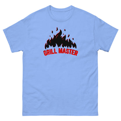 The Grill Master T-Shirt by FunnyDripStore: a yellow tee with black flames above bold red GRILL MASTER text—funny merch perfect for any BBQ lover.
