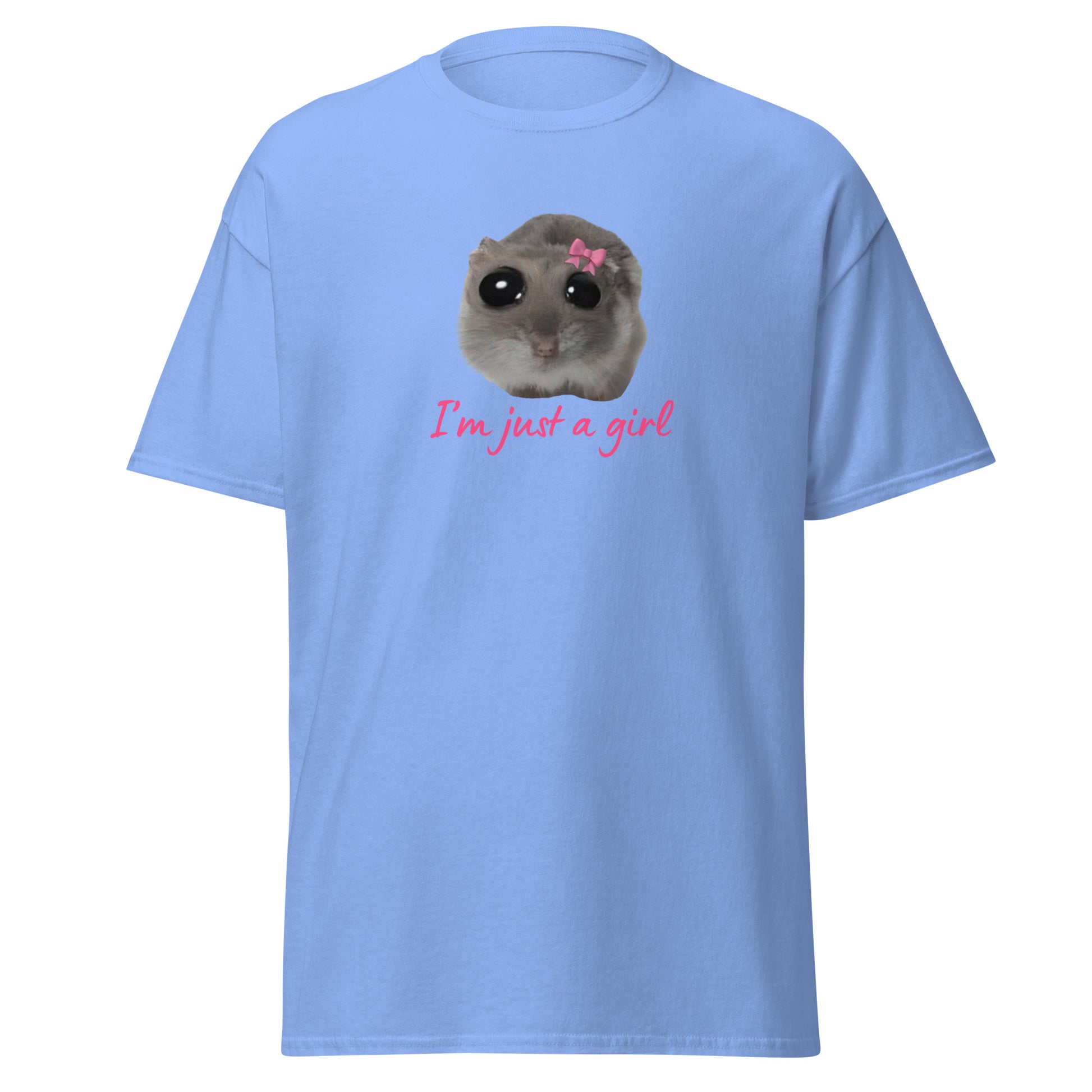 The Im Just A Girl T-Shirt from FunnyDripStore features a cute hamster with a pink bow and large eyes, plus “Im just a girl” in pink cursive—perfect for anyone who loves adorable, quirky text shirts.