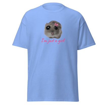 The Im Just A Girl T-Shirt from FunnyDripStore features a cute hamster with a pink bow and large eyes, plus “Im just a girl” in pink cursive—perfect for anyone who loves adorable, quirky text shirts.