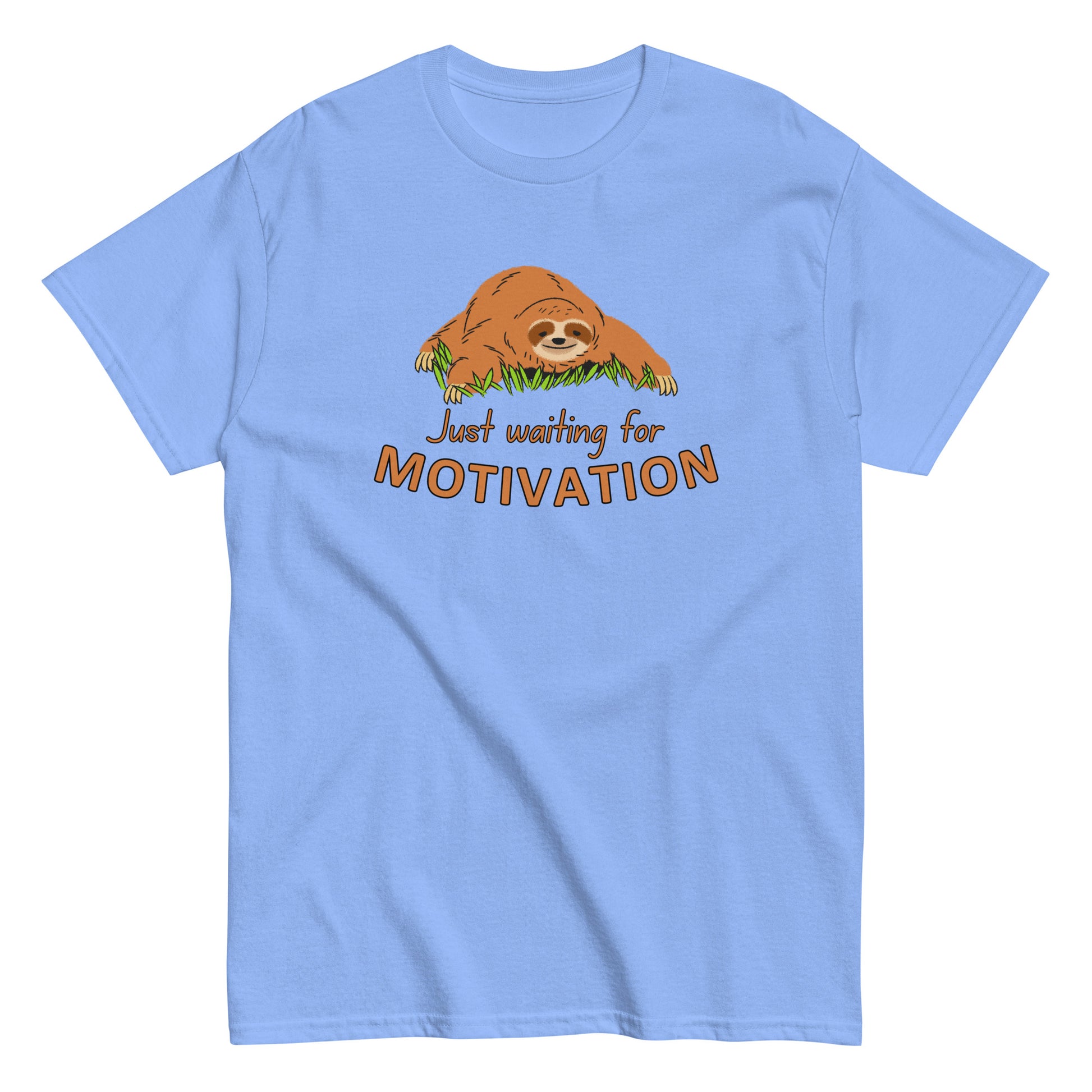 The Just Waiting For Motivation T-Shirt by FunnyDripStore features a smiling sloth on grass above bold orange and yellow text—a perfect choice for fans of funny apparel.