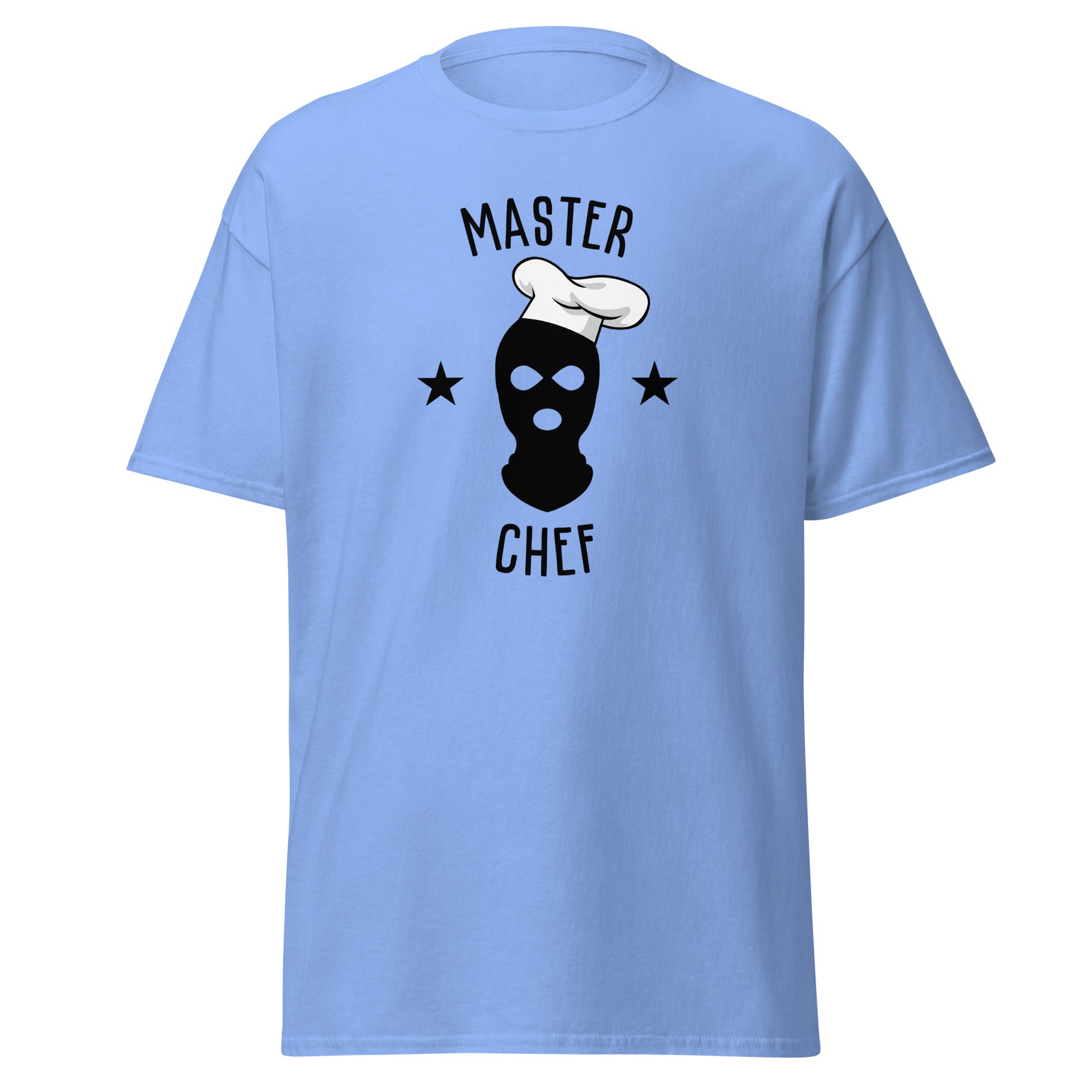 The Master Chef T-Shirt by FunnyDripStore features a black ski mask in a chef’s hat, two black stars, and bold “MASTER CHEF” text above and below the graphic.
