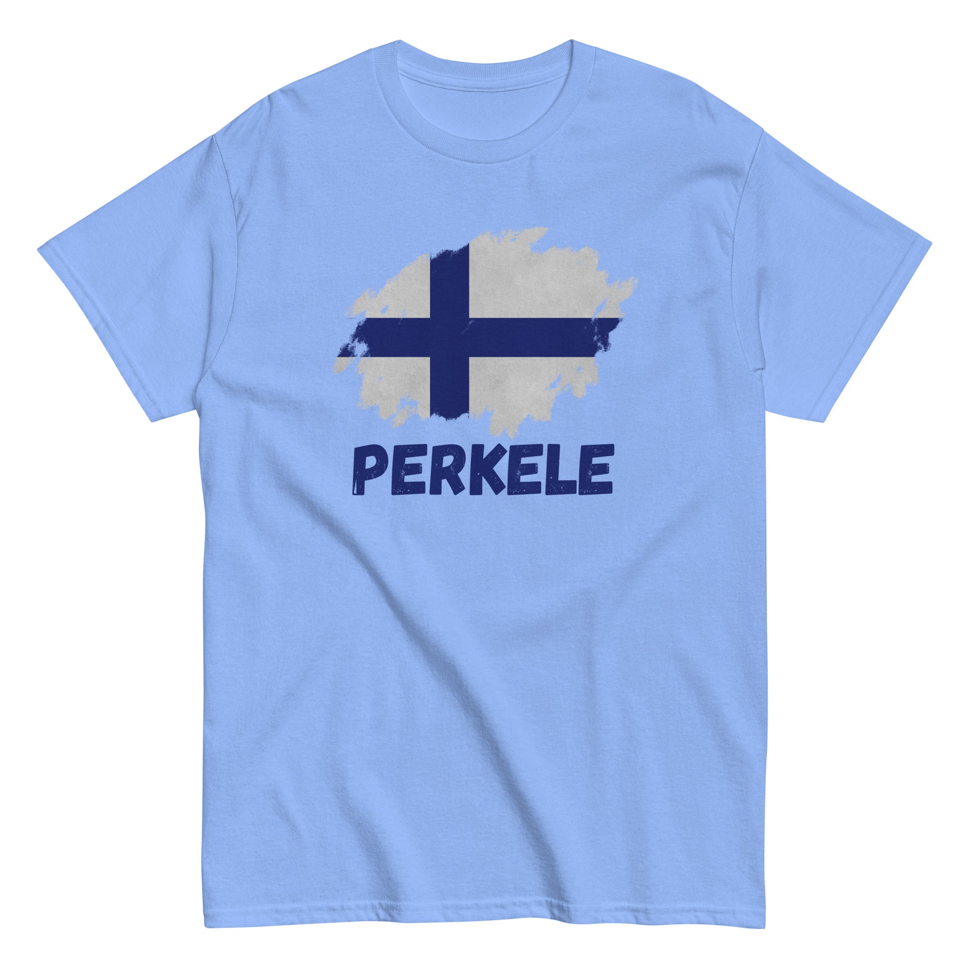 The Perkele T-Shirt by FunnyDripStore features a white design with a brushstroke Finnish flag above bold blue PERKELE text—a unique, funny tee for fans of quirky merch.