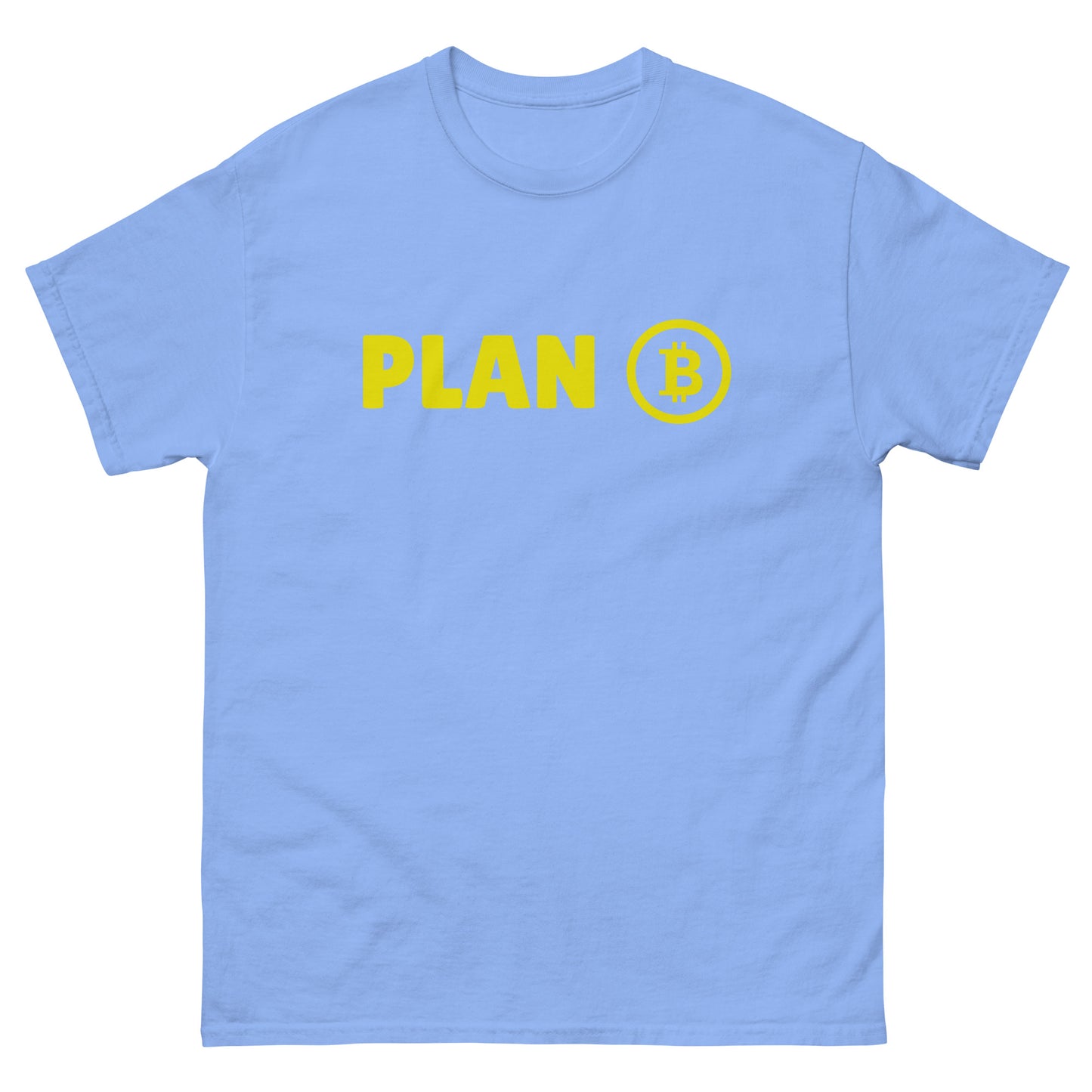 The Plan B T-Shirt from FunnyDripStore features PLAN in bold yellow letters and a yellow Bitcoin symbol inside a circle on the chest—a fun meme shirt perfect for fans of funny clothing.