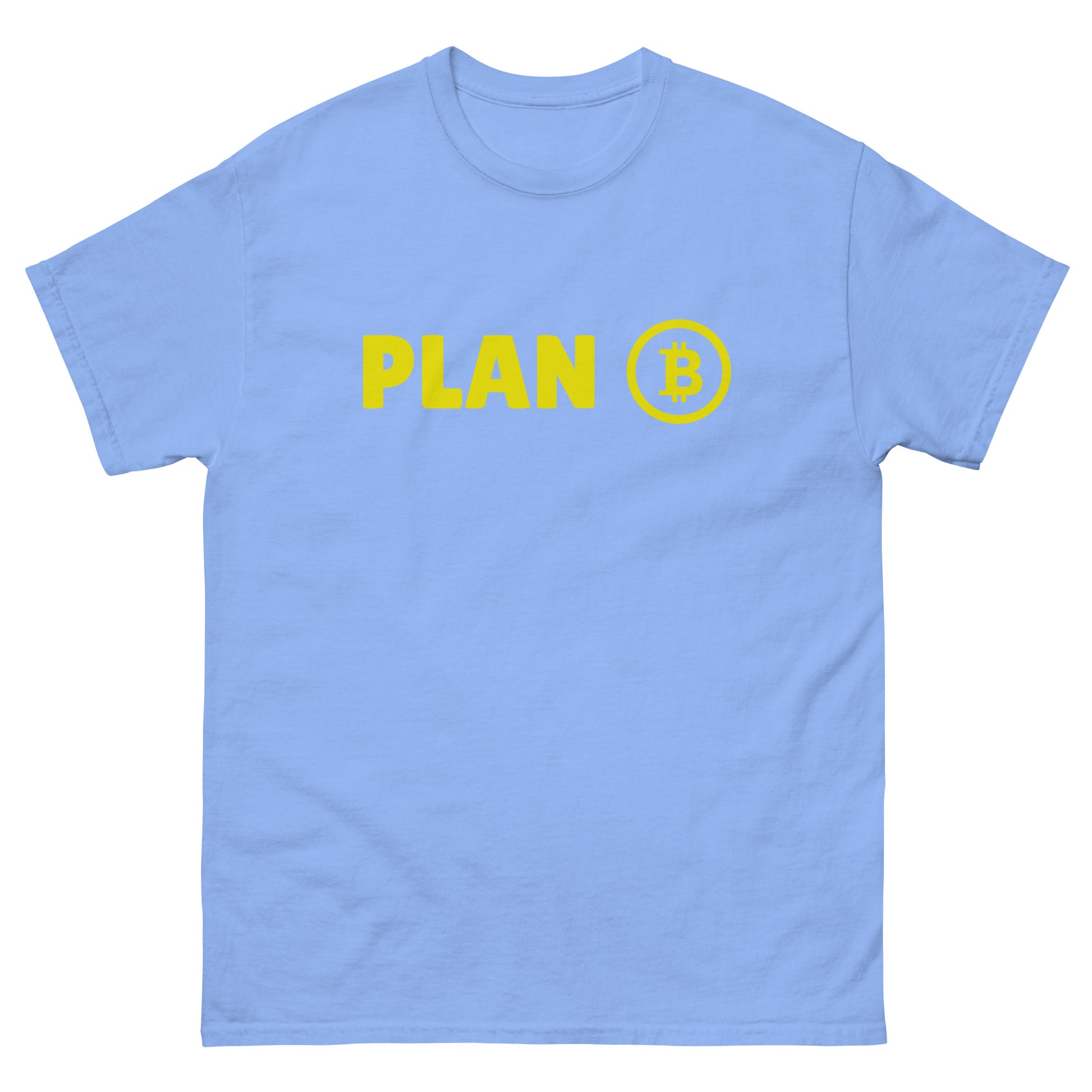 The Plan B T-Shirt from FunnyDripStore features PLAN in bold yellow letters and a yellow Bitcoin symbol inside a circle on the chest—a fun meme shirt perfect for fans of funny clothing.