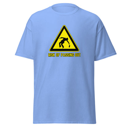 The Risk Of Passing Out T-Shirt by FunnyDripStore is a black tee with a yellow warning sign and “RISK OF PASSING OUT” text—a perfect meme shirt for fans of bold, humorous style.