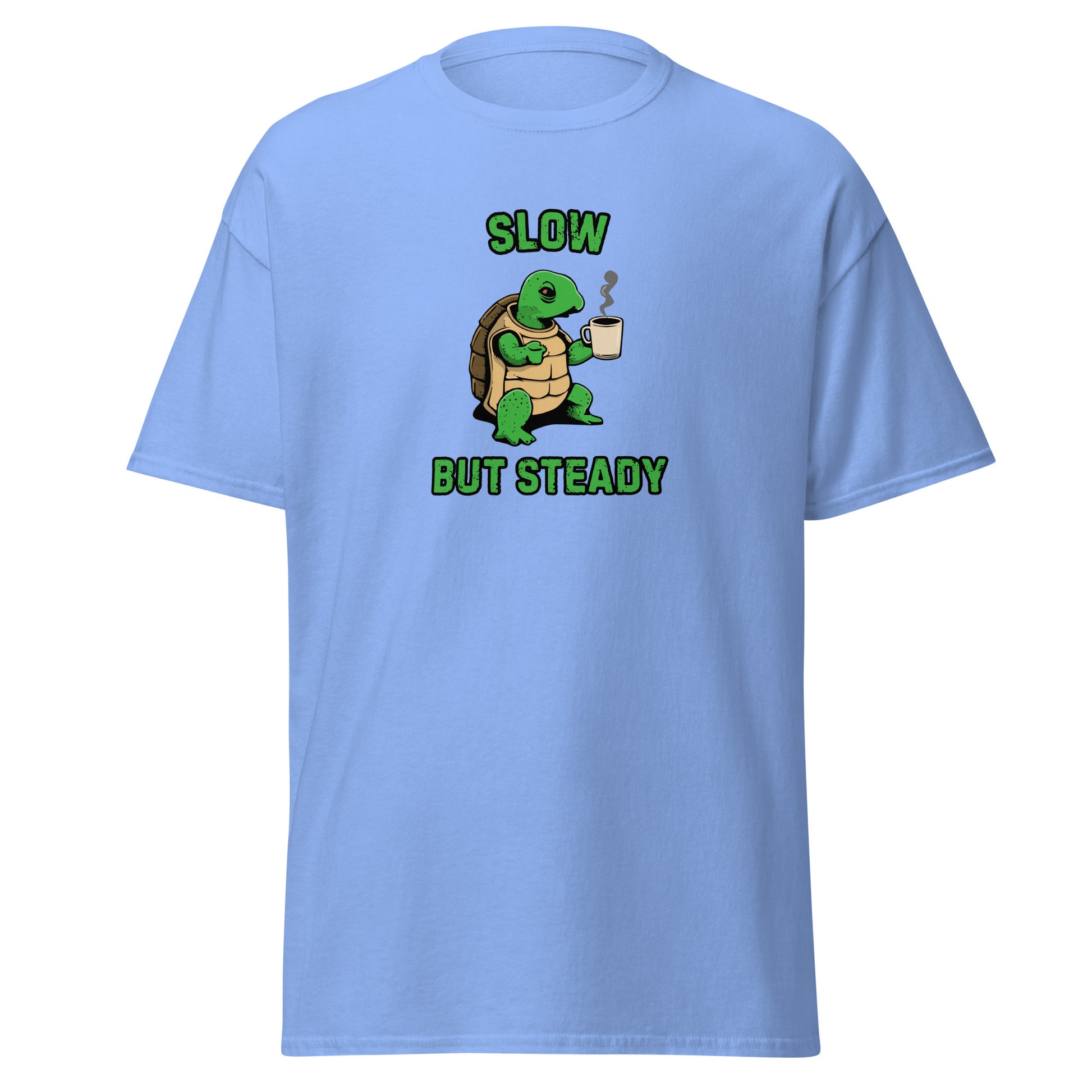 The FunnyDripStore Slow But Steady T-Shirt is a black tee with a cartoon turtle holding a coffee mug and SLOW above and BUT STEADY below in green—perfect meme shirt for coffee lovers.