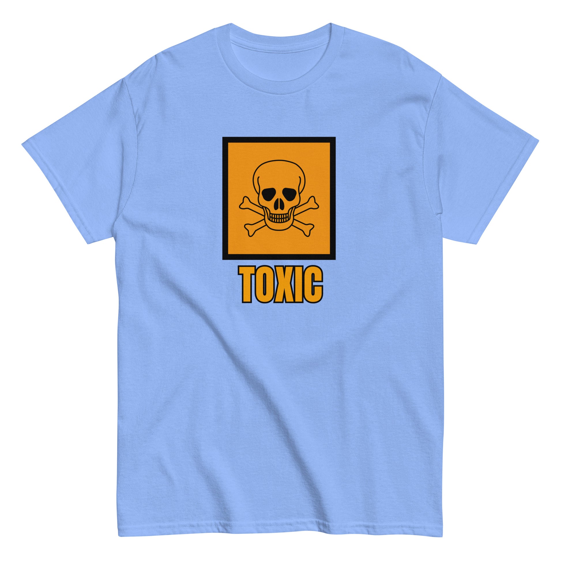 The FunnyDripStore Toxic T-Shirt features a bold yellow square with a black skull and crossbones above TOXIC in yellow on the front. This black meme shirt is perfect for those who love humorous clothing.