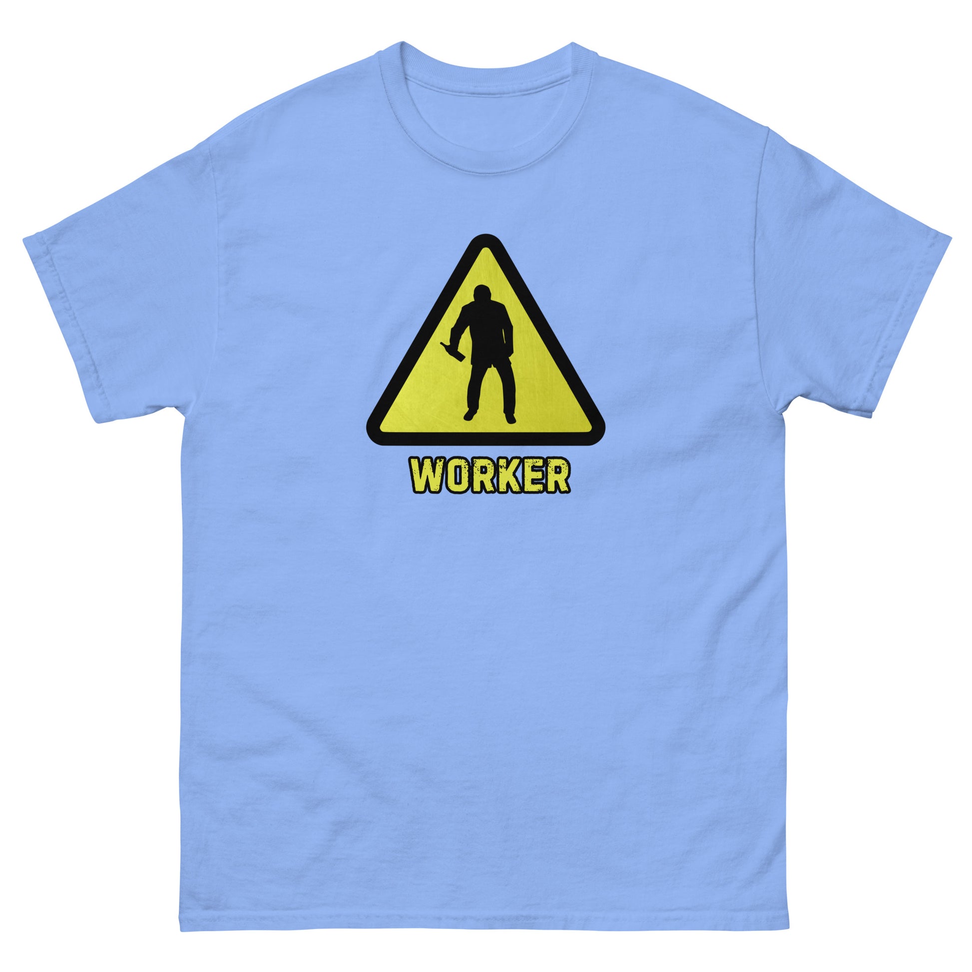The Worker T-Shirt by FunnyDripStore features a yellow triangular warning sign with a worker silhouette and bold yellow WORKER text on black—a funny shirt for anyone who enjoys meme apparel and humorous graphic tees.