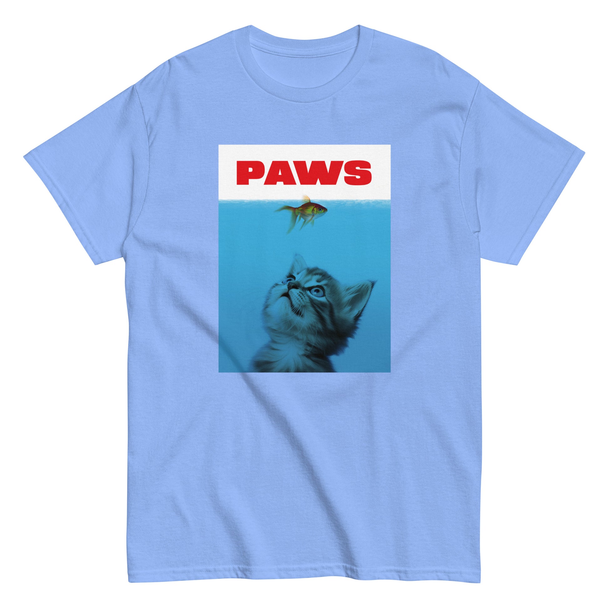 The Paws T-Shirt by FunnyDripStore features a kitten underwater eyeing a goldfish, with PAWS in bold red— a humorous meme shirt parodying the classic Jaws poster.