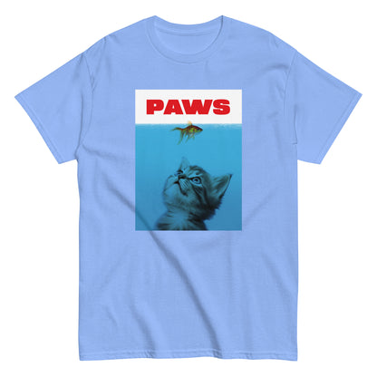 The Paws T-Shirt by FunnyDripStore features a kitten underwater eyeing a goldfish, with PAWS in bold red— a humorous meme shirt parodying the classic Jaws poster.