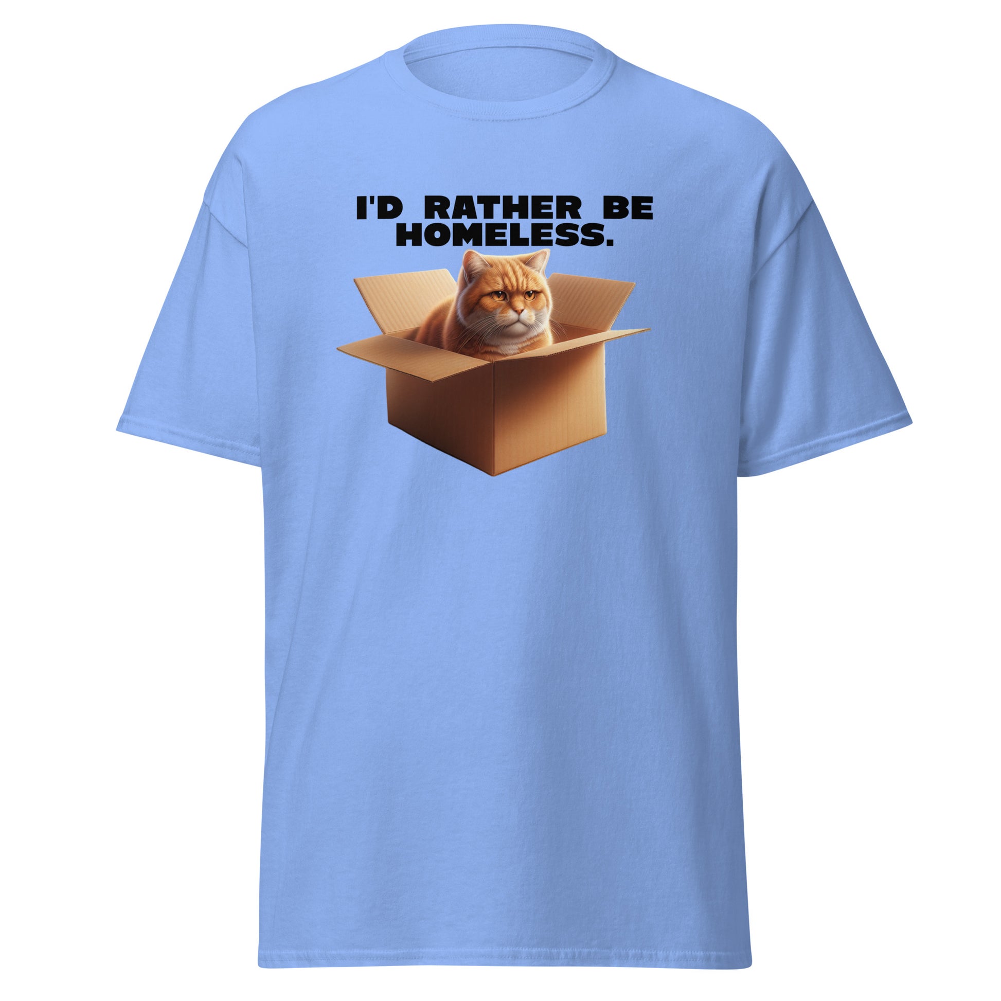 The Id Rather Be Homeless T-Shirt by FunnyDripStore features a grumpy orange cat in a box on a gold tee—perfect quirky merch for cat lovers and fans of clever text shirts.