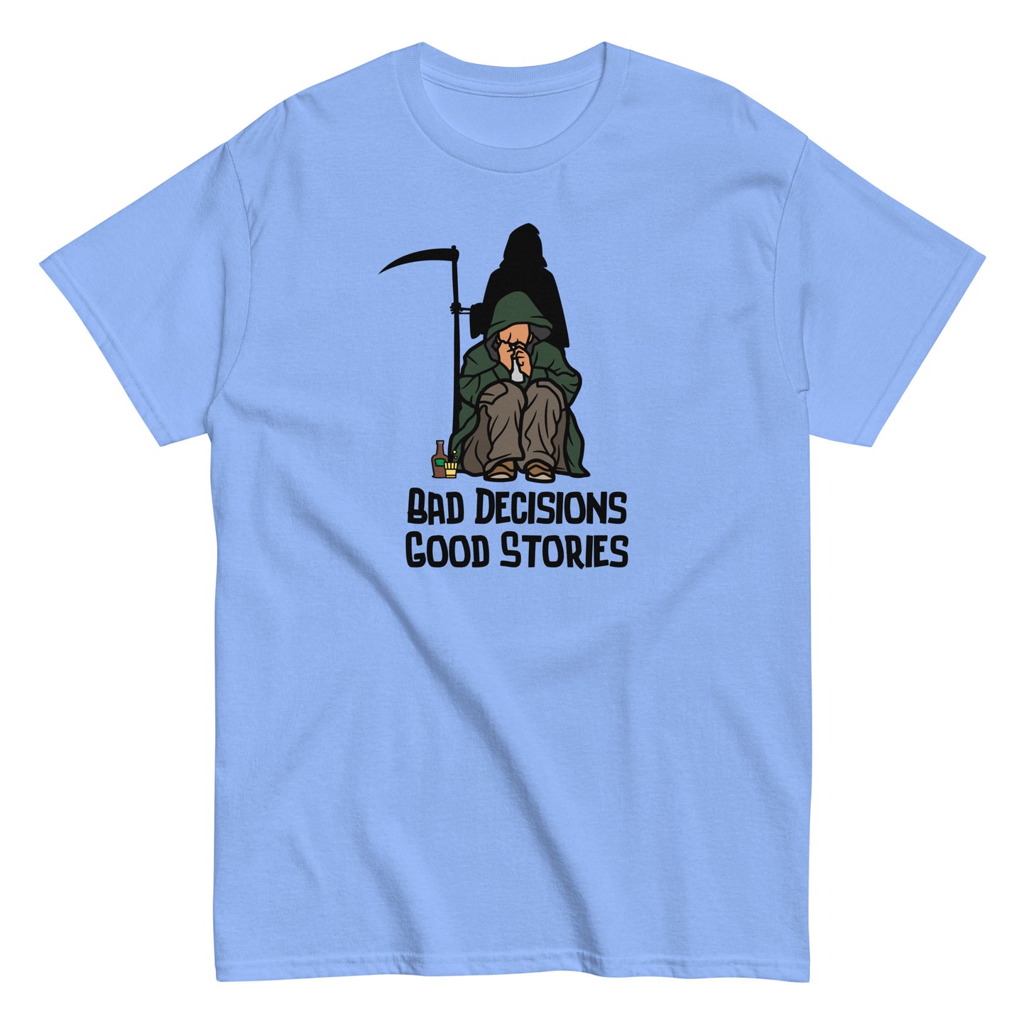 The FunnyDripStore Bad Decisions Good Stories T-Shirt is a white tee featuring a cartoon Grim Reaper with a drink and cigarette, plus bold text—perfect for fans of witty and funny style.