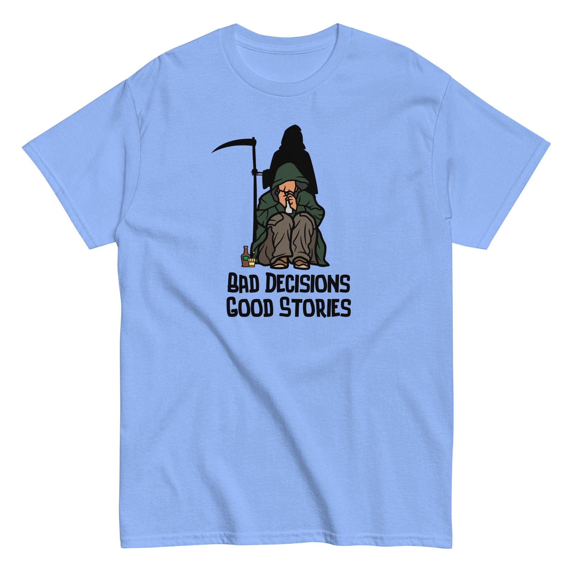 The FunnyDripStore Bad Decisions Good Stories T-Shirt is a white tee featuring a cartoon Grim Reaper with a drink and cigarette, plus bold text—perfect for fans of witty and funny style.