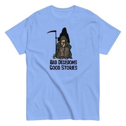 The FunnyDripStore Bad Decisions Good Stories T-Shirt is a white tee featuring a cartoon Grim Reaper with a drink and cigarette, plus bold text—perfect for fans of witty and funny style.