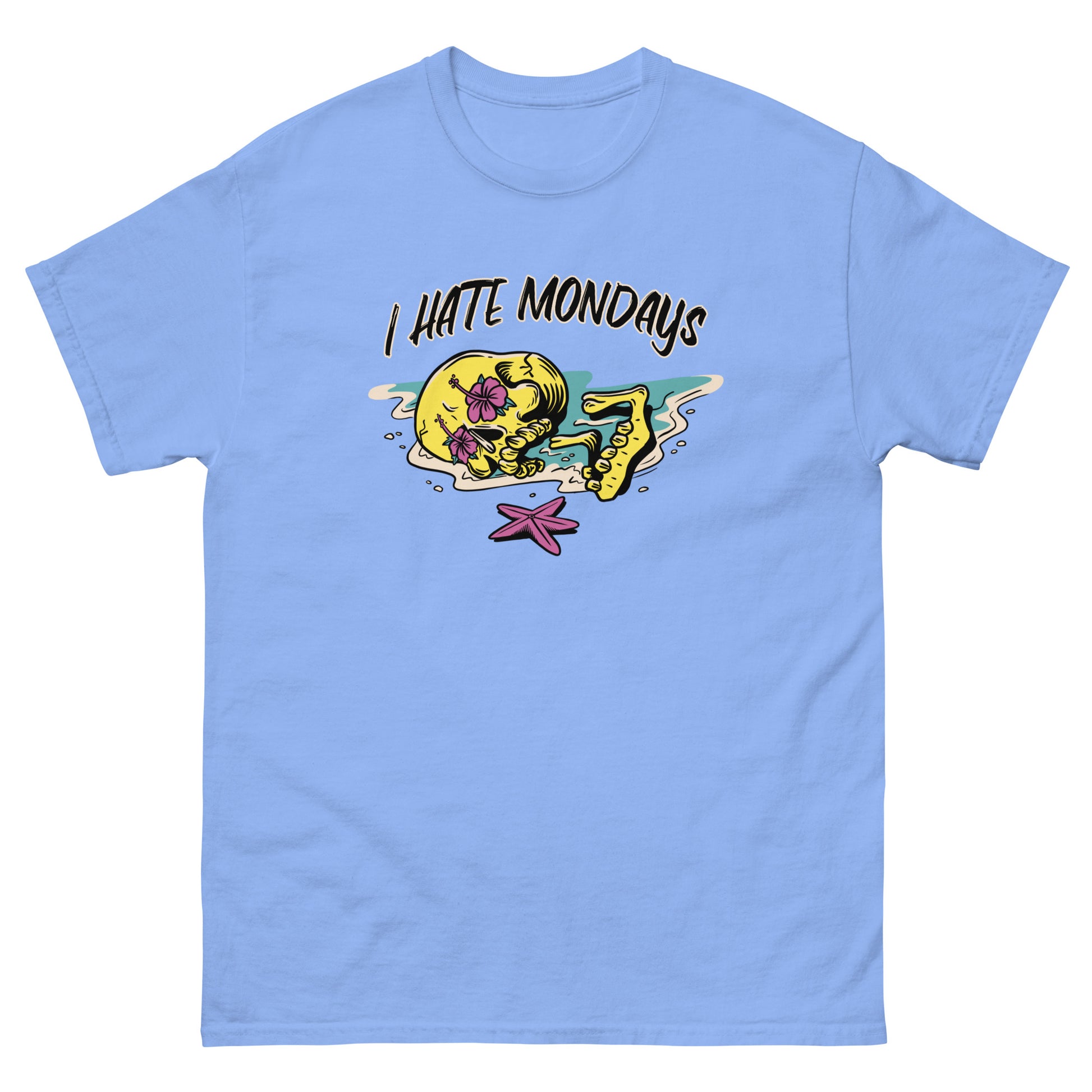 The FunnyDripStore I Hate Mondays T-Shirt in white features a cartoon skeleton lounging on the beach with sunglasses, drink, and starfish, plus bold I HATE MONDAYS text—a perfect funny merch gift.