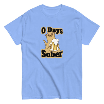The 0 Days Sober T-Shirt by FunnyDripStore features a cartoon meerkat with a beer mug and bold 0 Days Sober text, printed on a navy shirt—ideal quirky, funny clothing for fans of humorous style.