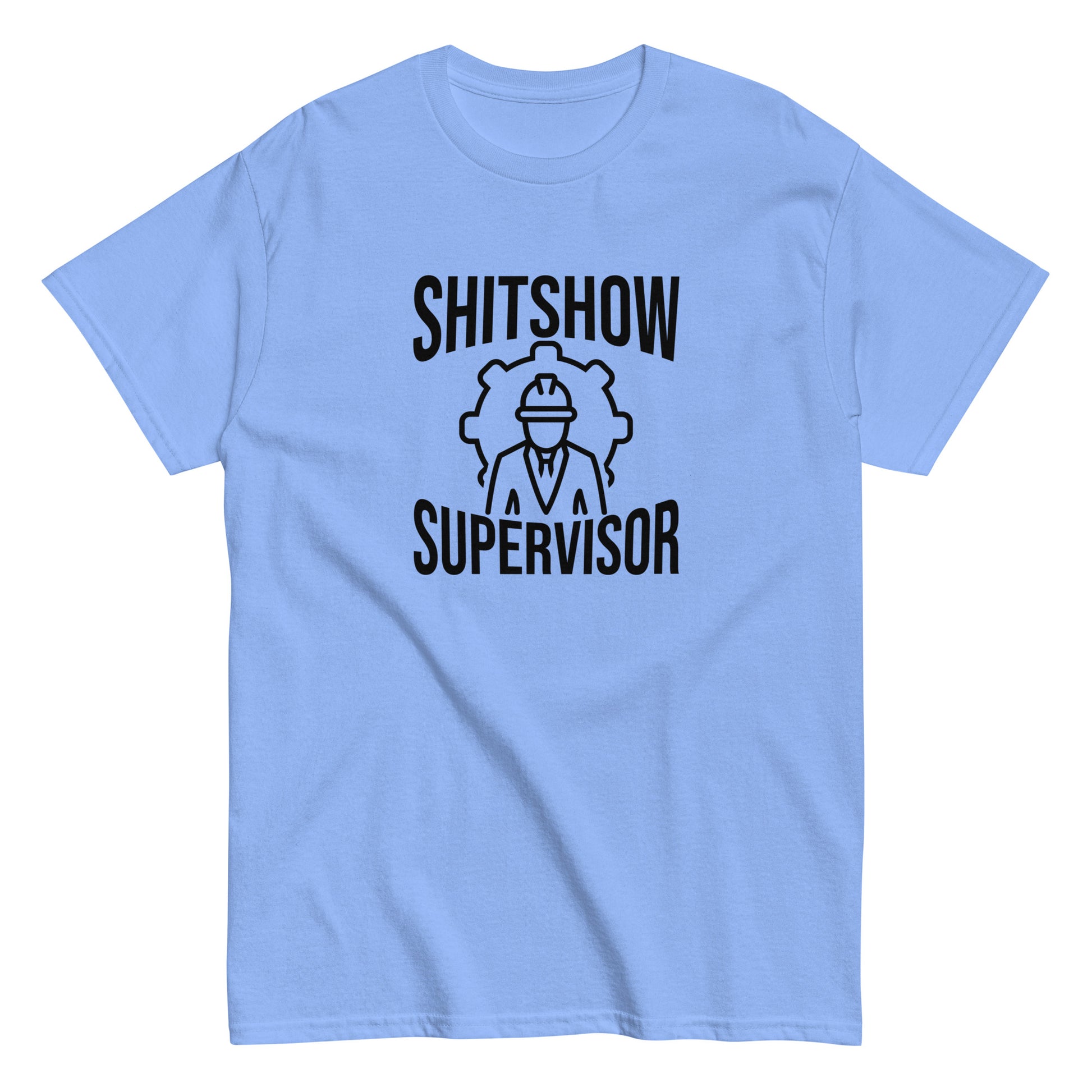 The Shitshow Supervisor T-Shirt by FunnyDripStore features “SHITSHOW SUPERVISOR” in white and a supervisor line drawing—perfect funny merch for meme lovers seeking humor tees.