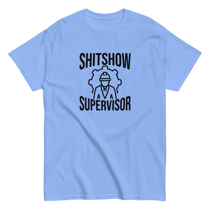 The Shitshow Supervisor T-Shirt by FunnyDripStore features “SHITSHOW SUPERVISOR” in white and a supervisor line drawing—perfect funny merch for meme lovers seeking humor tees.