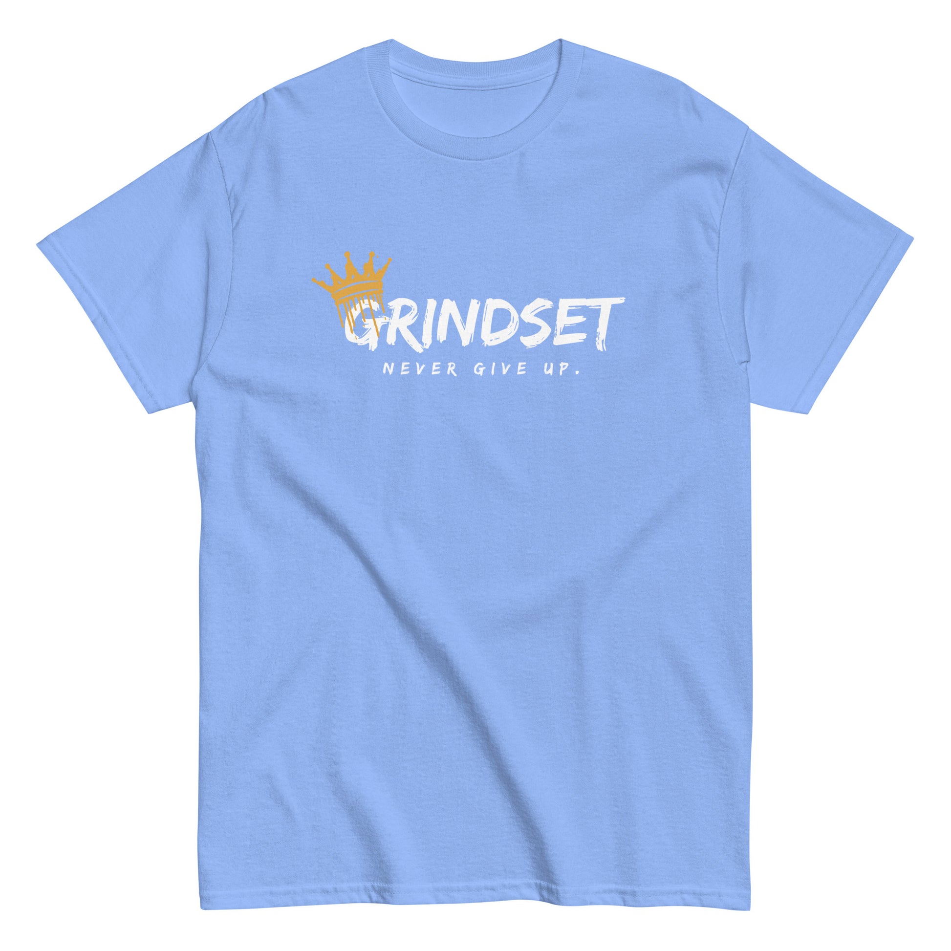 The Grindset T-Shirt by FunnyDripStore is a purple tee featuring GRINDSET in bold white letters with a gold crown over the G, and NEVER GIVE UP. below—ideal for fans of clever text shirts.