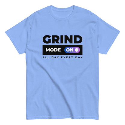 The Grind Mode On T-Shirt by FunnyDripStore features bold black GRIND MODE text with a purple ON switch icon on white. Below, ALL DAY EVERY DAY appears in smaller black text—a fun pick for nonstop hustlers.