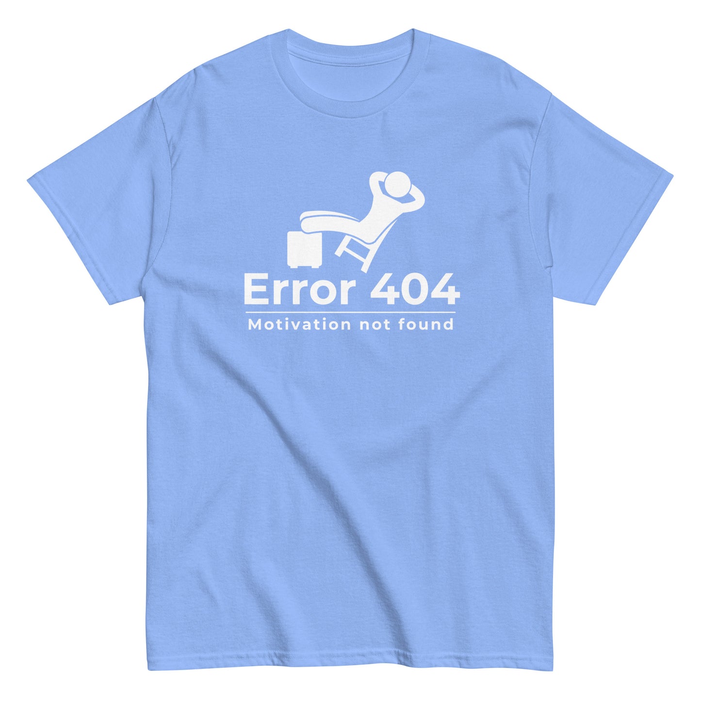 The FunnyDripStore Error 404 T-Shirt in black features a graphic of a relaxed person and the “Motivation not found” caption—perfect for showing off your laid-back mood with humor.